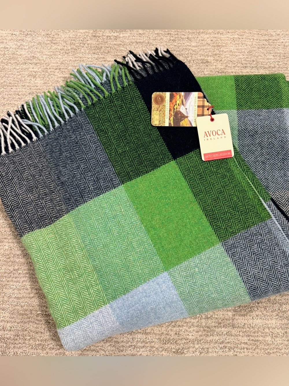 Avoca Ireland Pure Wool Plaid Throw Blanket 60X72 Fringe Green Blue Fall Winter